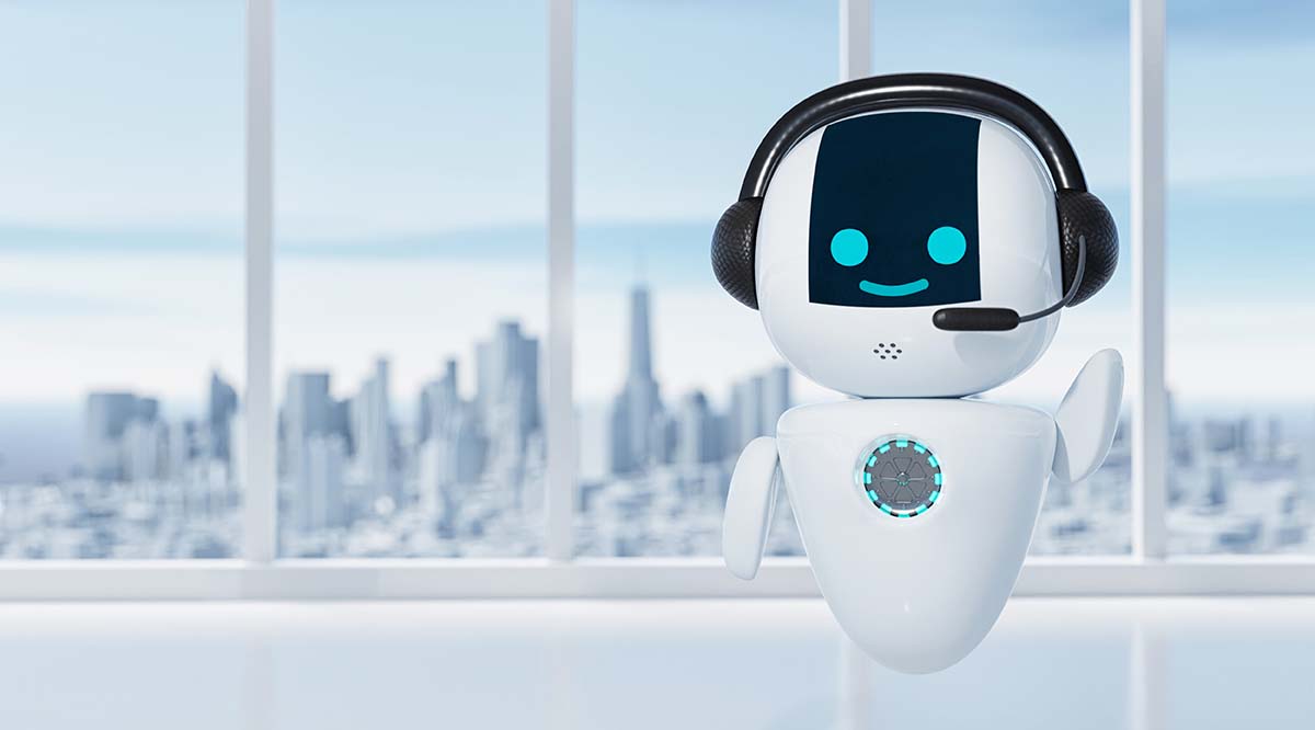 Welcome robot on company office or hotel is chatting with customers by acting as a call center by phone with metropolis city background. Innovative technology and service concept. 3D illustration rendering