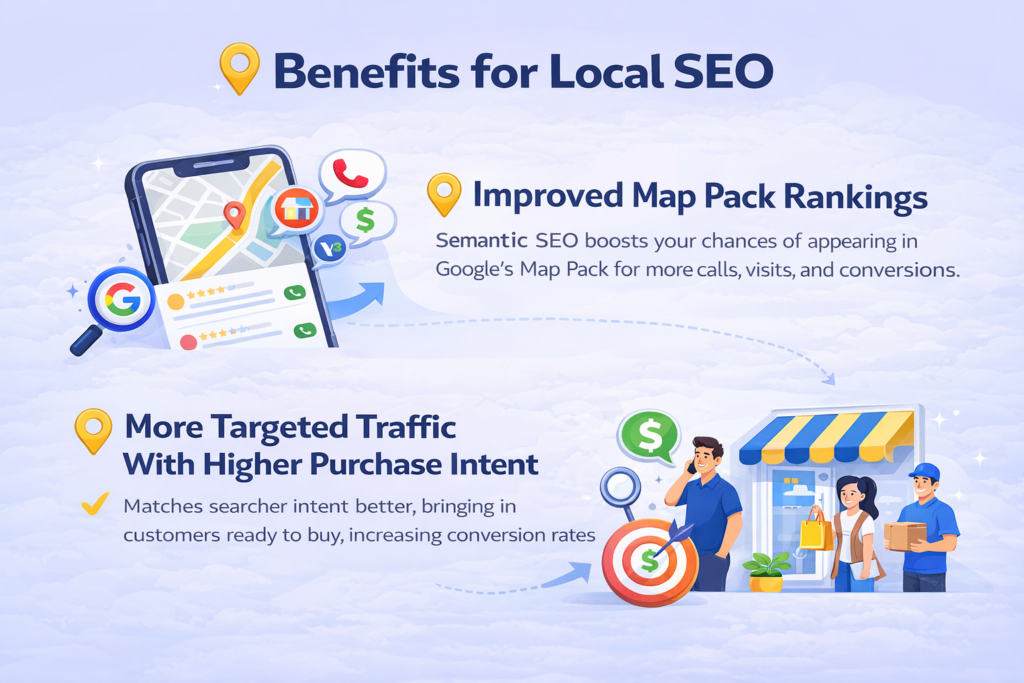 Benefits of semantic SEO for local businesses including improved Google Map Pack rankings and higher-intent traffic